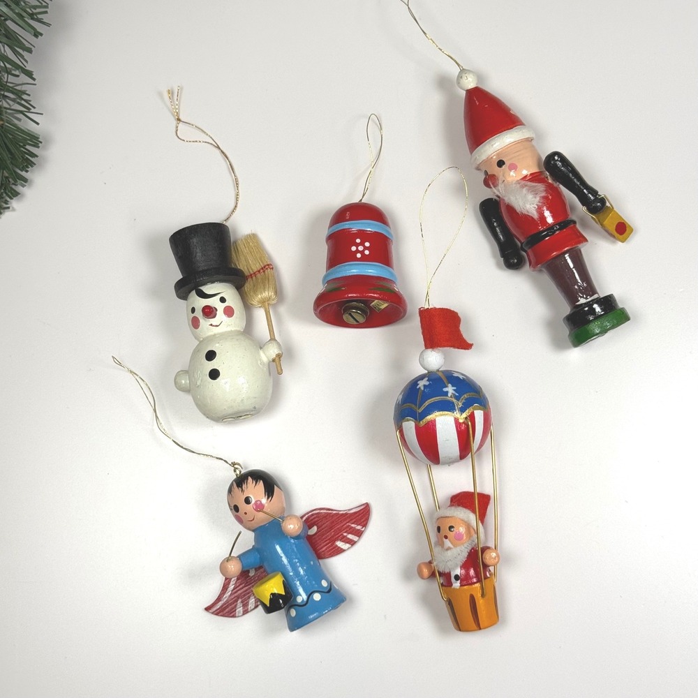 Vintage Hand Painted Wooden Christmas Ornaments Lot of 5 Santa Snowman Angel